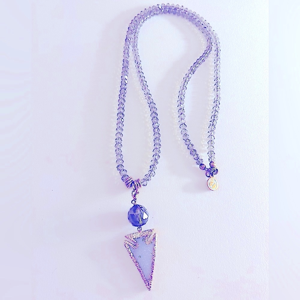 Necklace pale Druzy Arrowhead goldplate dipped, faceted smoky gray bead,crystals
